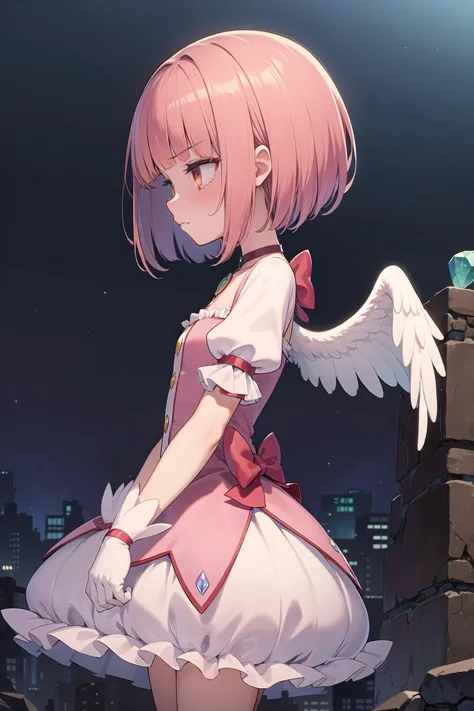 best quality, ultra-detailed, (1girl, solo,<lyco:kaname_madoka_outfit-v1:1>, kanamemadokaoutfit, soul_gem , angel wings ,, blunt bangs, short back and sides hair, sad), dark background, ruins, evil world, at night