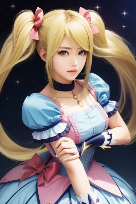 (kanamemadokaoutfit:1), (samus aran) dressed in (puffy blue magical girl outfit), (blonde girly twintails), magical girl, masterpiece, best quality, (perfect face, beautiful face, symmetric face)