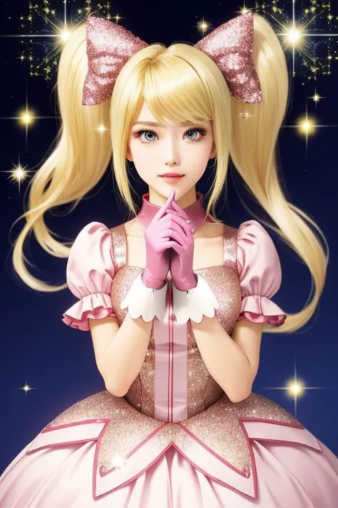 a girl in a pink dress with a bow and gloves