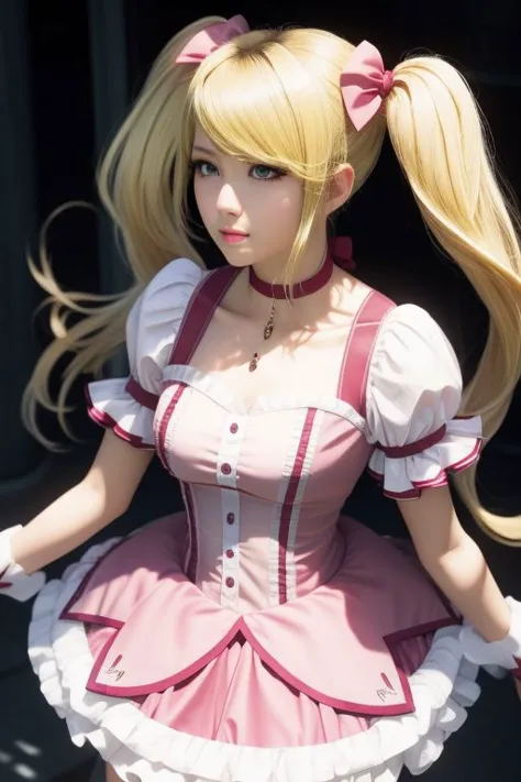 (samus aran) dressed in (puffy pink kanamemadokaoutfit), (blonde girly twintails), magical girl, masterpiece, best quality, (perfect face, beautiful face, symmetric face)