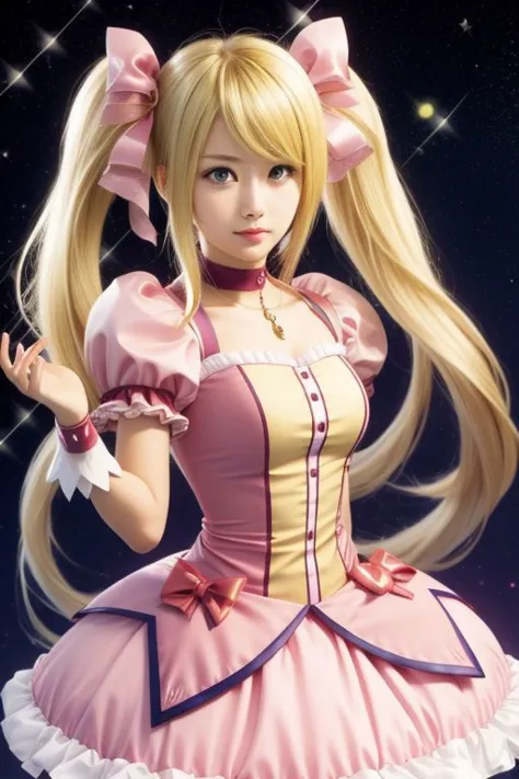 (samus aran) dressed in (puffy pink kanamemadokaoutfit), (blonde girly twintails), magical girl, masterpiece, best quality, (perfect face, beautiful face, symmetric face), (sparkles:1.2)