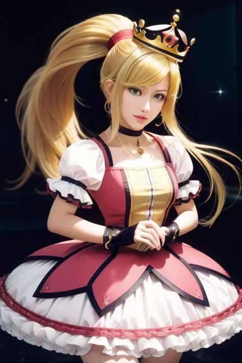 (samus aran) dressed in (kanamemadokaoutfit), (ponytail, hair tie), (puffy short sleeves, jewelry, dress, princess crown), masterpiece, best quality, (perfect face, beautiful face, symmetric face)