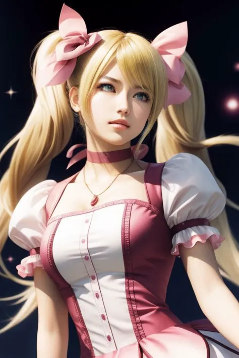 (samus aran) dressed in (puffy pink kanamemadokaoutfit), (blonde girly twintails), magical girl, masterpiece, best quality, (perfect face, beautiful face, symmetric face)