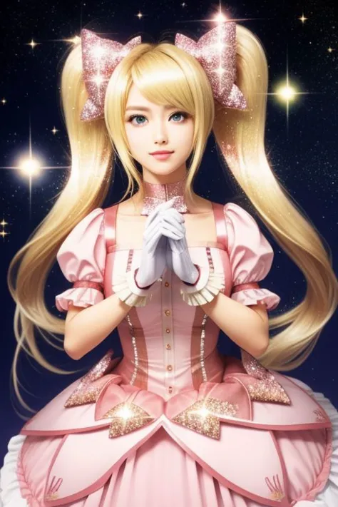 (samus aran) dressed in (puffy pink kanamemadokaoutfit), (blonde girly twintails), magical girl, masterpiece, best quality, (perfect face, beautiful face, symmetric face), (sparkles, sparkling hair, sparkling clothes, sparkles around face:1.3)