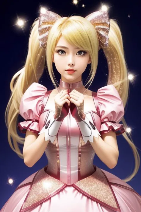 (samus aran) dressed in (puffy pink latex kanamemadokaoutfit), (blonde girly twintails), magical girl, masterpiece, best quality, (perfect face, beautiful face, symmetric face), (sparkles, sparkling hair, sparkling clothes, sparkles around face:1.3)