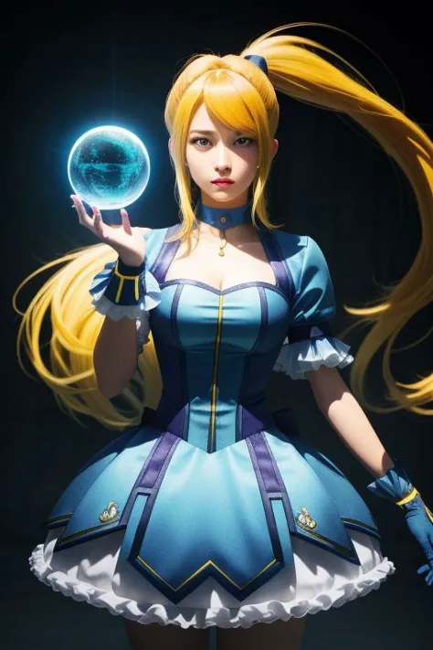 a woman in a blue dress holding a crystal ball