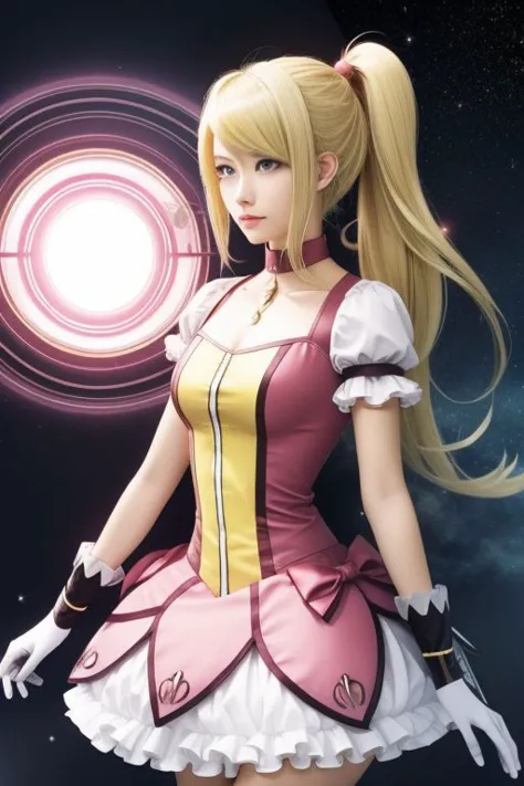 (samus aran) dressed in (puffy pink kanamemadokaoutfit), (long straight blonde hair), magical girl, masterpiece, best quality, (perfect face, beautiful face, symmetric face)