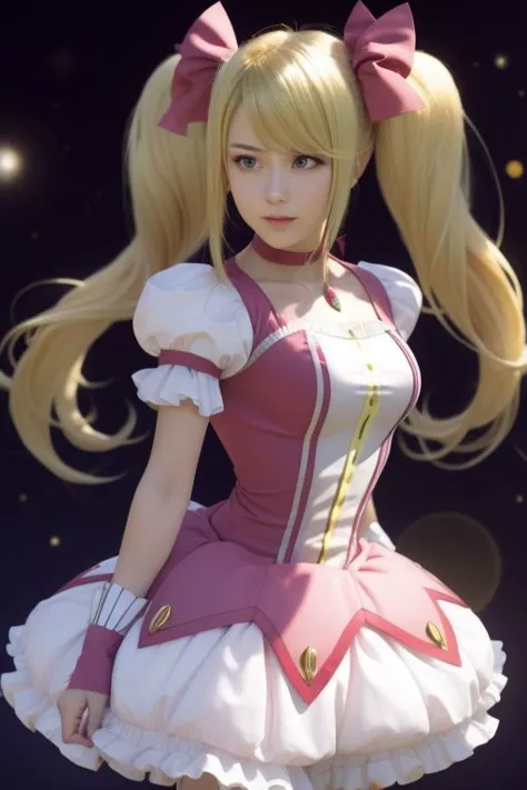 (samus aran) dressed in (puffy pink kanamemadokaoutfit), (blonde girly twintails), magical girl, masterpiece, best quality, (perfect face, beautiful face, symmetric face)