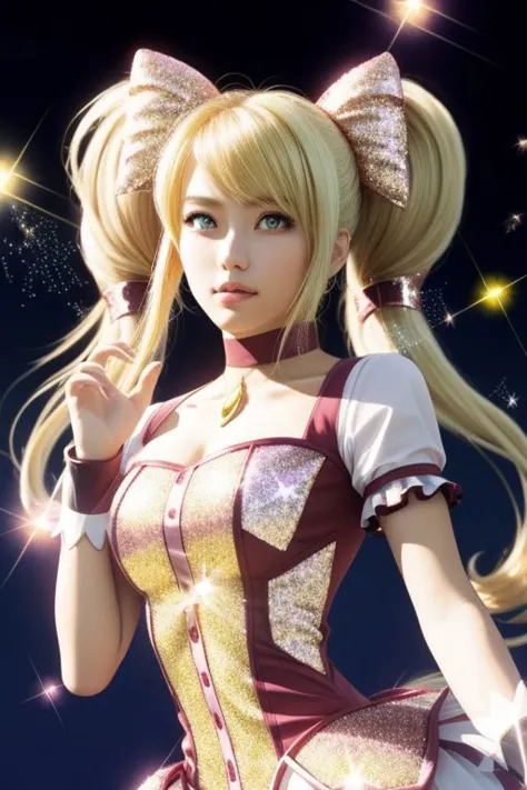 (samus aran) dressed in (puffy pink kanamemadokaoutfit), (blonde girly twintails), magical girl, masterpiece, best quality, (perfect face, beautiful face, symmetric face), (sparkles:1.5)