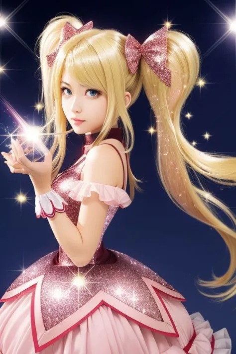 (samus aran) dressed in (puffy pink kanamemadokaoutfit), (blonde girly twintails), magical girl, masterpiece, best quality, (perfect face, beautiful face, symmetric face), (sparkles, sparkling hair, sparkling clothes, sparkles around face:1.3)