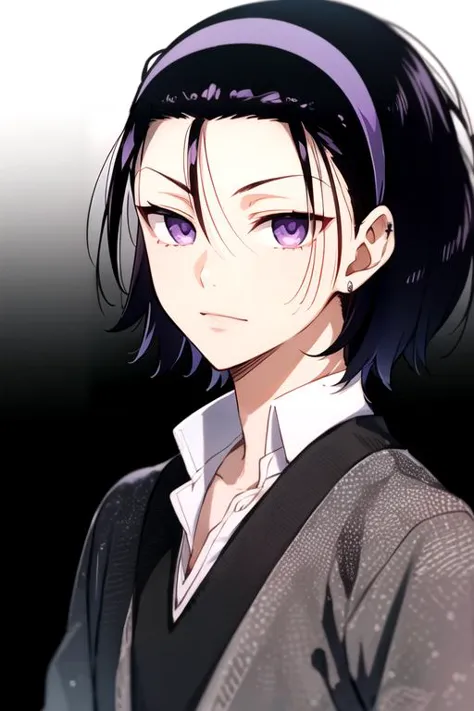 anime girl with black hair and purple eyes in a gray sweater