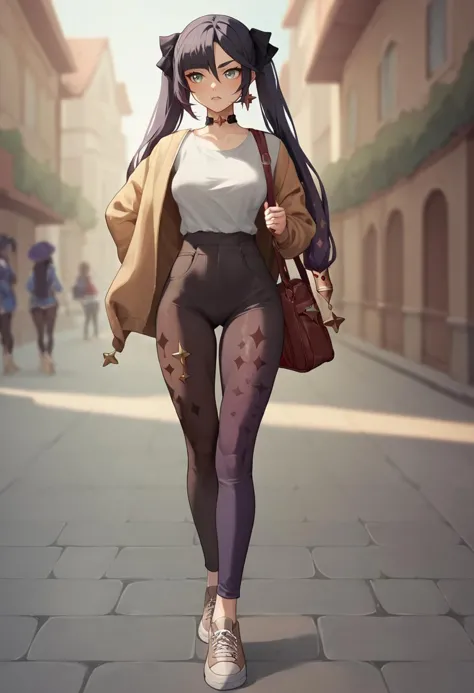 score_9,score_8_up,score_7_up,score_6_up <lora:genshin_v4:0.8>,1girl, Mona_\(genshin_impact\), Mona, bag, Walking around the French city, Tight pants