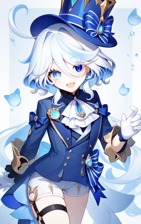 score_9,score_8_up,score_7_up,furina_\(genshin_impact\), 1girl, heterochromia, long_sleeves, blue_headwear, blue_jacket, top_hat, white_gloves, blue_ascot, black_gloves, hair_intakes, symbol-shaped_pupils, mismatched_pupils, sidelocks, drop-shaped_pupils, thigh_strap, brooch, mismatched_gloves, white_shorts, :d, <lora:genshin_pony_v3:1>