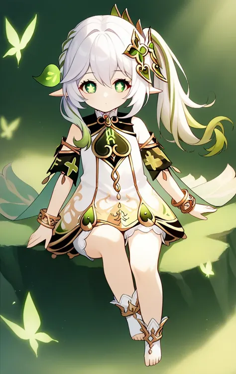 anime girl with long white hair and green eyes sitting on a tree branch