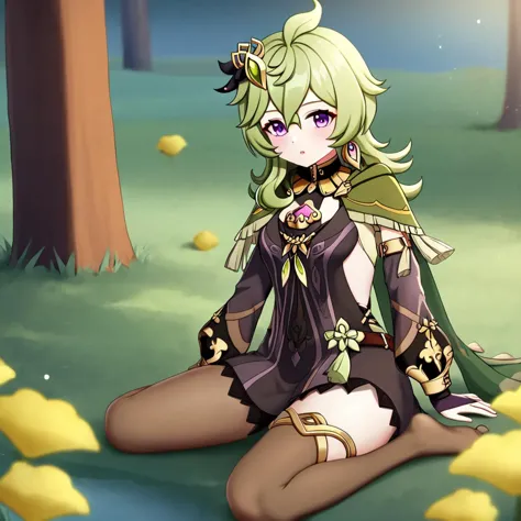 anime girl sitting on the ground in a forest with yellow leaves