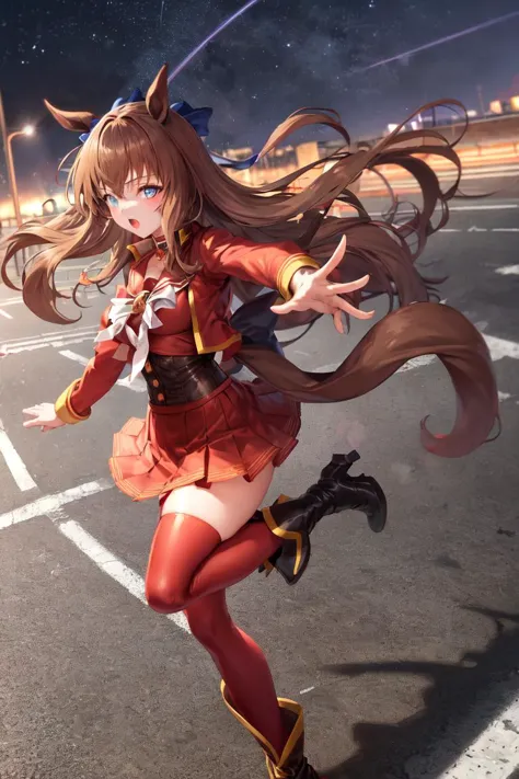 masterpiece, best quality,
maruzensky \(umamusume\),
red thighhighs, red jacket, pleated skirt, red skirt, long sleeves, choker, red shirt, open jacket, white bow, open clothes, high heel boots
asphalt road, running, eye trails, night sky, neon, from above,
<lora:maruzensky_lora:0.65>