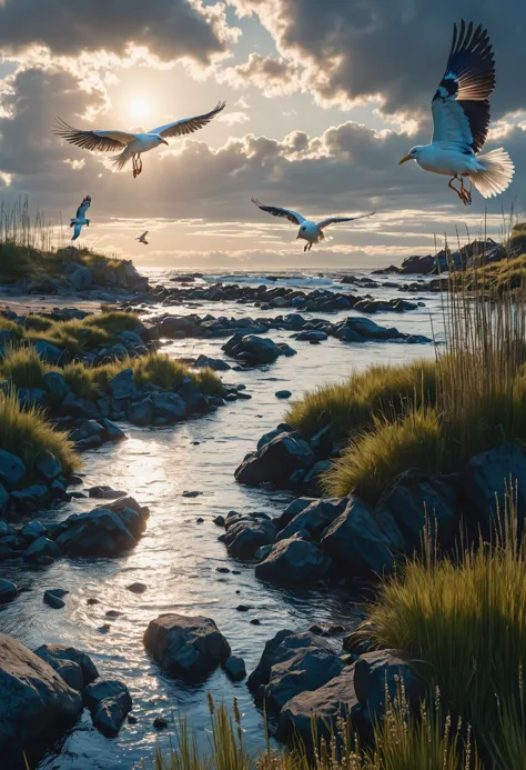 there are many birds flying over a stream of water