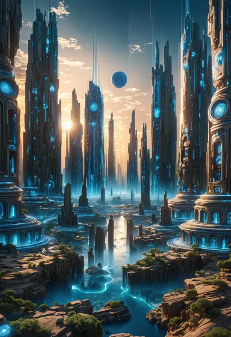 a futuristic city with a futuristic sky and water