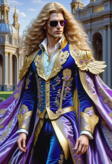 a close up of a man in a purple and gold costume