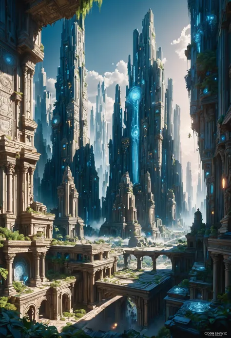 a futuristic city with a lot of tall buildings and a river