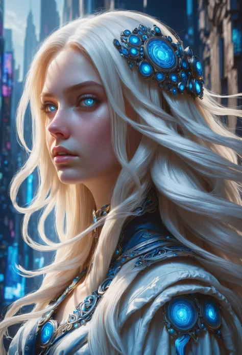 a woman with long blonde hair and blue eyes in a city