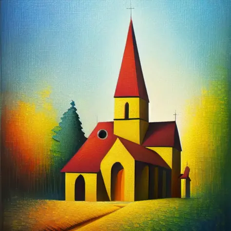 modernartst painting of a wooden church in the forest, very detailed, focused, oil painting, colorful, canvas, artstation, vsevo...