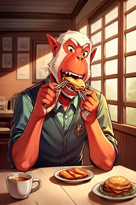 a cartoon of a man eating a sandwich with a fork