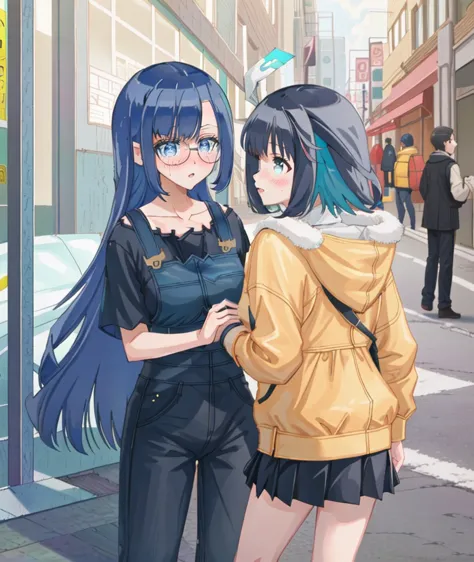 anime characters standing on a city street with a woman in a yellow jacket