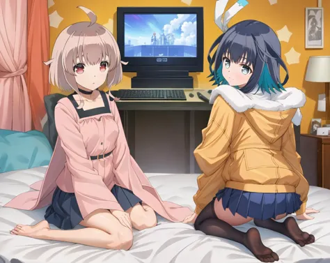 anime characters sitting on a bed in front of a computer