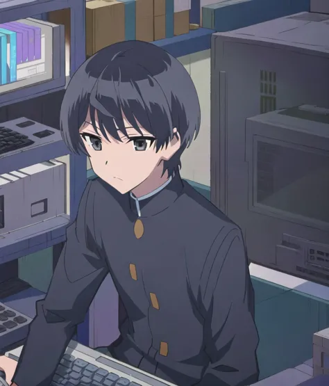 anime image of a man sitting at a desk with a laptop