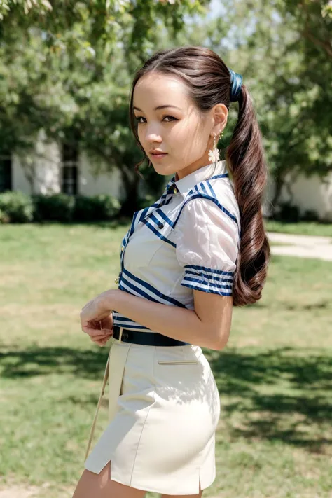 arafed asian woman in a white skirt and blue and white striped shirt