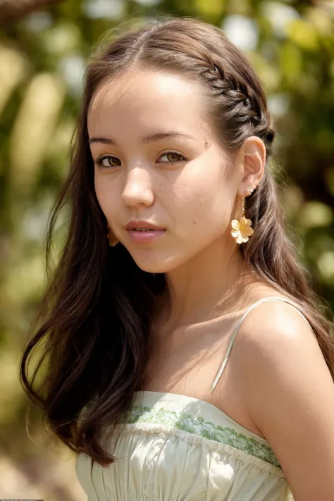 a close up of a young woman with long hair wearing a dress