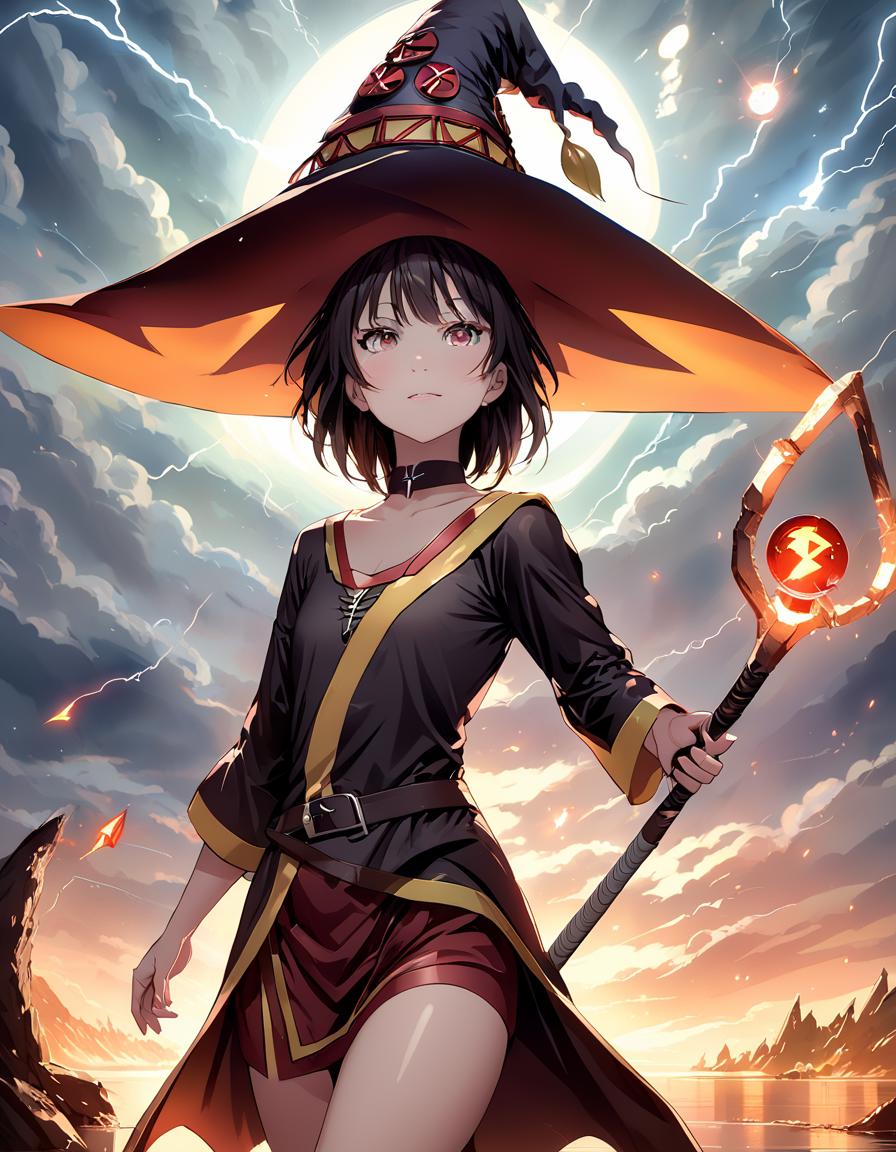 Anime girl in a hat and cape standing in front of a fire - SeaArt AI