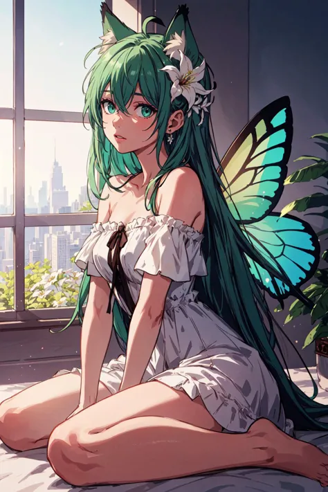 a woman with green hair and a butterfly wings sitting on a bed