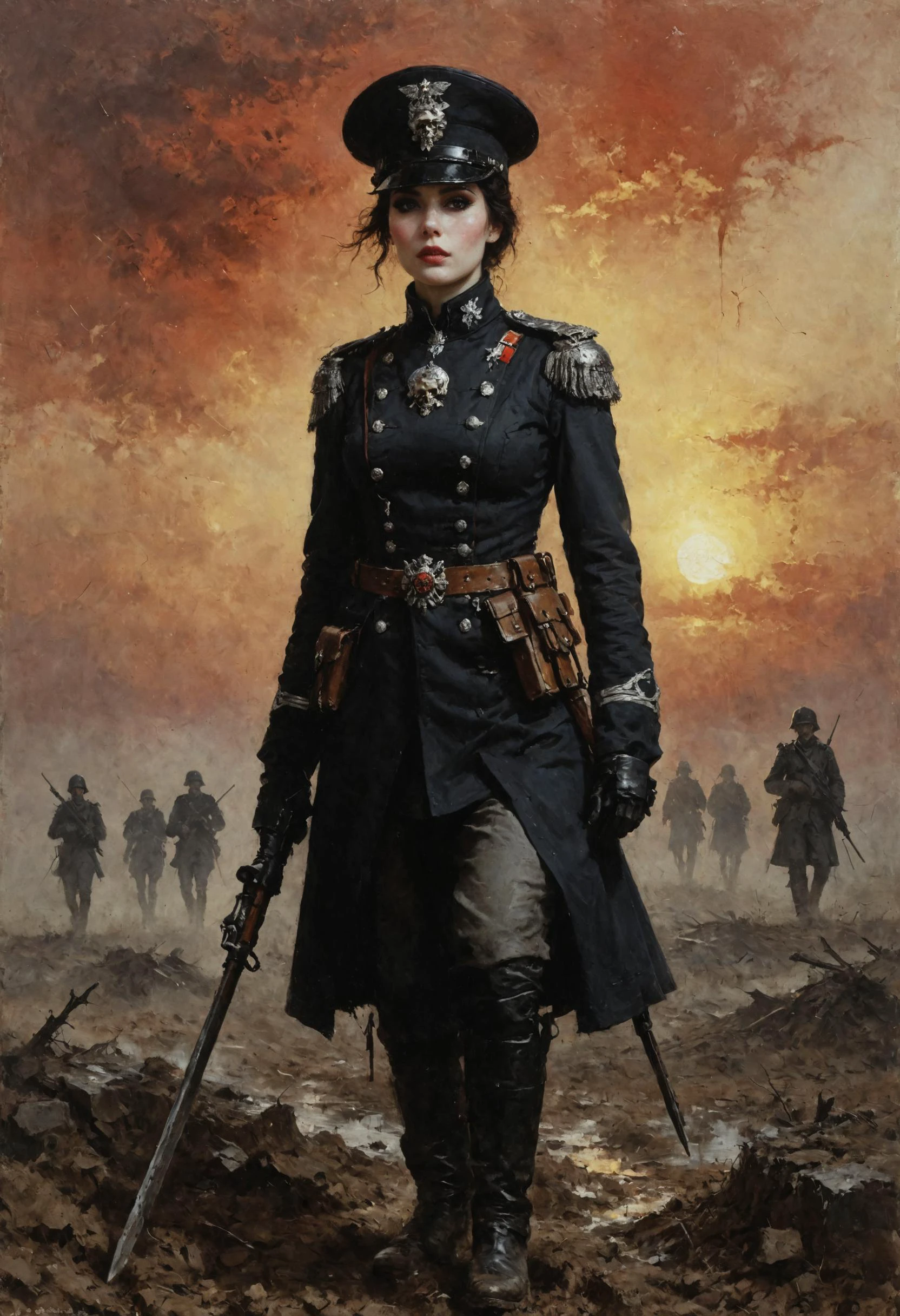 Une illustration numérique (portrait:1.5) dessin (Warhammer 40k) warfare masterpiece with intricate details et the best quality art by, (Dorian Cleaver) (Hans Larwin) et (Luis Royo) une jeune personne célibataire attirante (1fille) seul (officier) hussard prussien (femme) aux cheveux noirs (joues rouges et roses), Visage noble, Lèvres pleines, peau pâle, Regard perçant, eye-liner noir, petit nez délicat, rougir, dans l&#39;uniforme court traditionnel décoré de l&#39;emblème du crâne, dans une tranchée, marcher (seul:1.2) sur une vaste guerre mondiale (Année 1914) champ de bataille, coucher de soleil tardif, ciel rouge-orange, caisses de munitions cassées,  terrain boueux, cratère,  