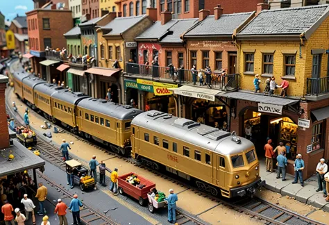 (detailed ho scale gold model train) with metal body, steam-driven mechanism, articulated joints, diorama elements, passing thro...