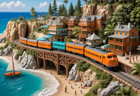 (intricate O scale orange model train) with wood body, clockwork mechanism, detailed undercarriage, adorned with detailed paint jobs, crossing through  a picturesque coastal diorama, with turquoise waters, a beachfront resort, tourists sunbathing, sailboats drifting by,  Masterpiece,best quality, photo, realistic, very aesthetic,