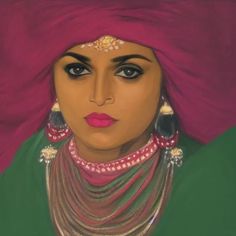 a painting of a woman in a pink turban and necklaces