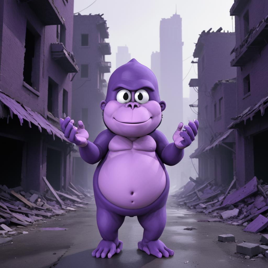 Purple gorilla standing in a city street with buildings in the background -  SeaArt AI