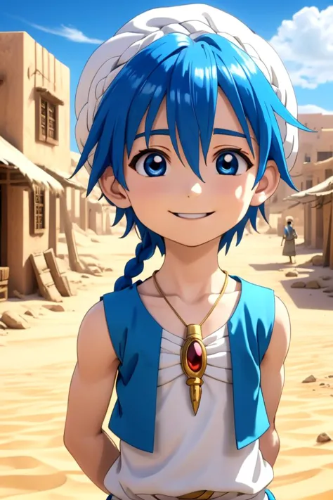 1boy magi_aladdin standing alone in a sandy desert town
He has short blue hair with one single braid, wearing a turban, is smiling, and wearing a flute as pendant around his neck and wears a blue vest.
In the background, a bright blue sky is visible, mouth closed, sneer
The soft lighting and detailed surroundings create an immersive environment where imagination runs wild
hyper-detailed,hyper-detailed face, high quality visuals, dim Lighting, sharply focused, octane render, 8k UHD

