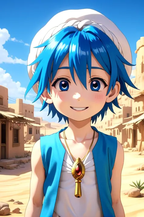 1 garçon mage_Aladdin seul dans une ville du désert de sable Il a les cheveux bleus courts avec une seule tresse, porter un turban, est souriant, et porte une flûte en pendentif autour du cou et porte un gilet bleu.
En arrière-plan, un ciel bleu vif est visible, Bouche fermée, ricanement L&#39;éclairage doux et l&#39;environnement détaillé créent un environnement immersif où l&#39;imagination se déchaîne, hyper-détaillée,visage hyper détaillé, visuels de haute qualité, lumière tamisée, très concentré, rendu d&#39;octane, 8k euh
