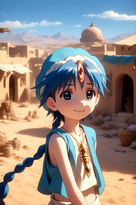 1 garçon mage_Aladdin seul dans une ville du désert de sable Il a les cheveux bleus courts avec une seule tresse, porter un turban, est souriant, et porte une flûte en pendentif autour du cou et porte un gilet bleu.
En arrière-plan, un ciel bleu vif est visible,
L&#39;éclairage doux et l&#39;environnement détaillé créent un environnement immersif où l&#39;imagination se déchaîne avec des détails hyper détaillés.,visage hyper détaillé, visuels de haute qualité, lumière tamisée, très concentré, rendu d&#39;octane, 8k euh
