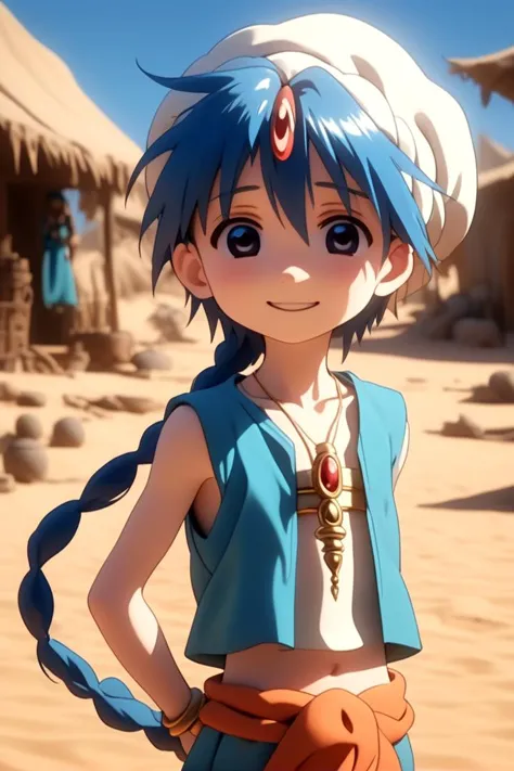 <lora:Magi_-_Aladdin-000007:0.7>
1boy magi_aladdin standing alone in a sandy desert town
He has short blue hair with one single ...