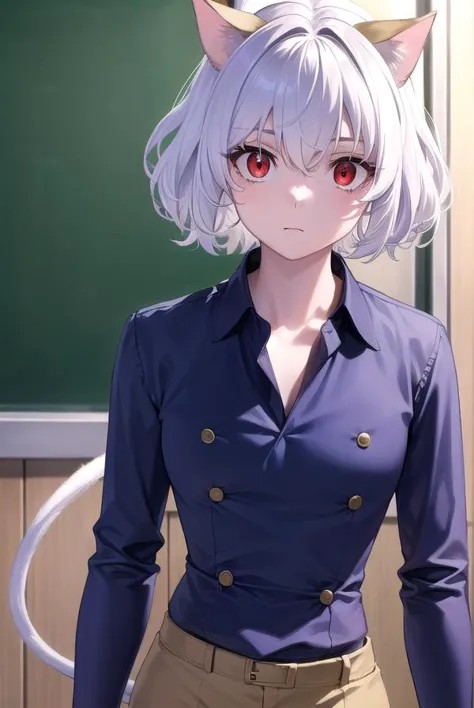 anime girl with white hair and red eyes wearing a blue shirt