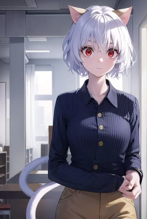 anime girl with white hair and red eyes standing in a room