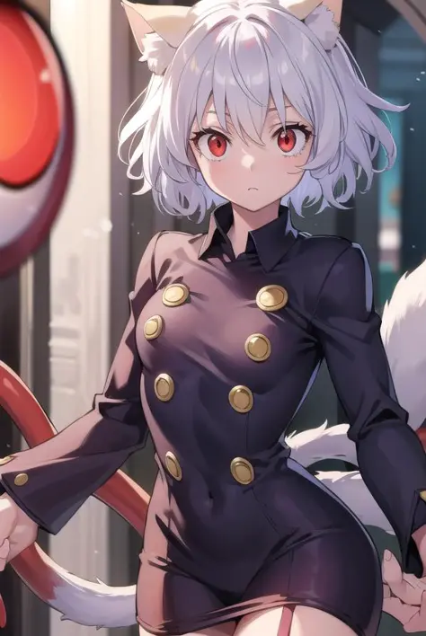 neferpitou, neferpitou, short hair, (red eyes:1.5), long sleeves, animal ears, tail, white hair, shorts, cat ears, cat tail, curly hair, (small breast:1.2), BREAK looking at viewer, BREAK outside, BREAK (masterpiece:1.2), best quality, high resolution, unity 8k wallpaper, (illustration:0.8), (beautiful detailed eyes:1.6), extremely detailed face, perfect lighting, extremely detailed CG, (perfect hands, perfect anatomy),