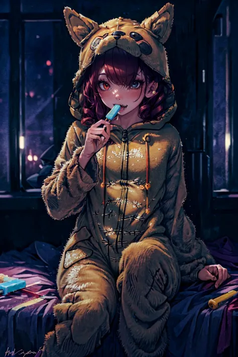 (best quality, masterpiece), (extremely detailed:1.3), (1girl), HDR, bedroom, popsicle, looking away, <lora:add_detail:0.6>  <lora:OnesiePJs:1> onesie, hood, petite, animal onesie, on bed, one eye visible through hair, hair spread out, curly hair,