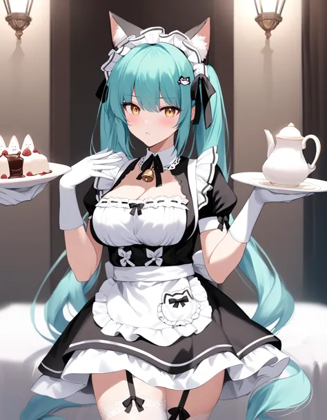 sexy ~*~aesthetic~*~,score_9,score_8_up,score_7_up,score_6_up,score_5_up,score_4_up,rating_suggestive,source_anime,jeloprivatymaid,twintails,yellow eyes,aqua hair,maid headdress,cat tail,large breasts,cat ears,hair bow,hair ribbon,hairclip,detached collar,bow,neck bell,maid apron,garter straps,white thighhighs,white gloves,elbow gloves,<lora:PrivatyUnkindMaid-JeloXL-000008:0.9>,