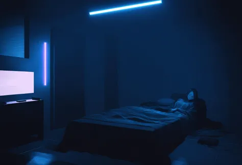 there is a woman laying in bed in a dark room