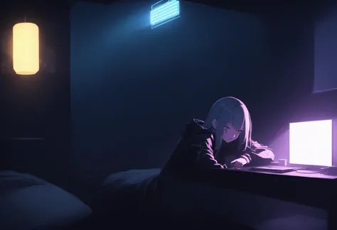 score_9, score_8_up, score_7_up, score_6_up, score_5_up, score_4_up, source_anime, BREAK, dim lighting, female, cyberpunk, waking up, Chilean, midnight,  <lora:SilkArt:0.79>, room lights made of s1lk4rt, hacked